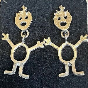 Vintage Silver Metal Happy People Dangle Stud Earrings